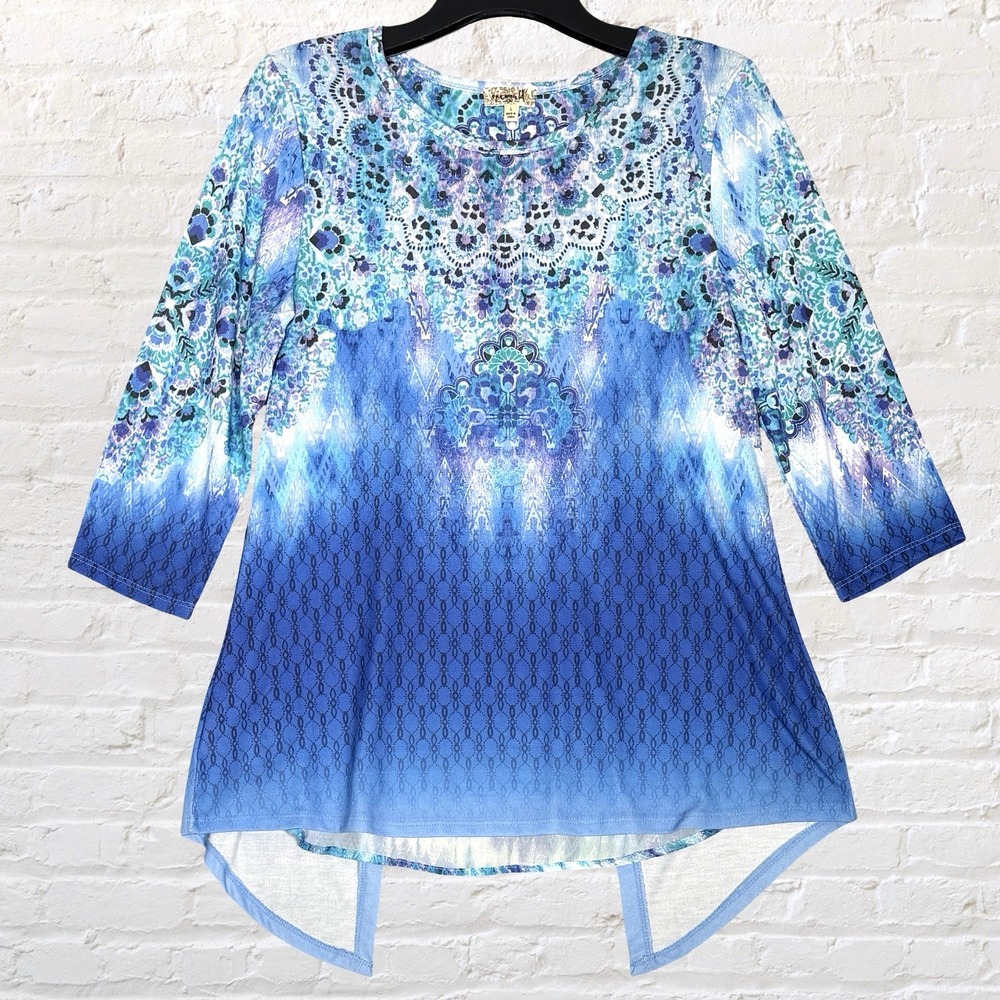 One World Blue Tie Dye Mandala Print Top Size L Split Back Beaded Boho Artsy